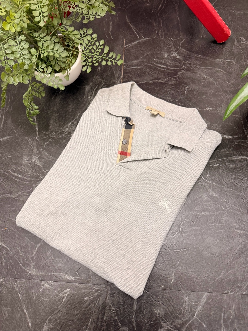 Burberry - Check Placket Polo - Grey - XL - Preowned